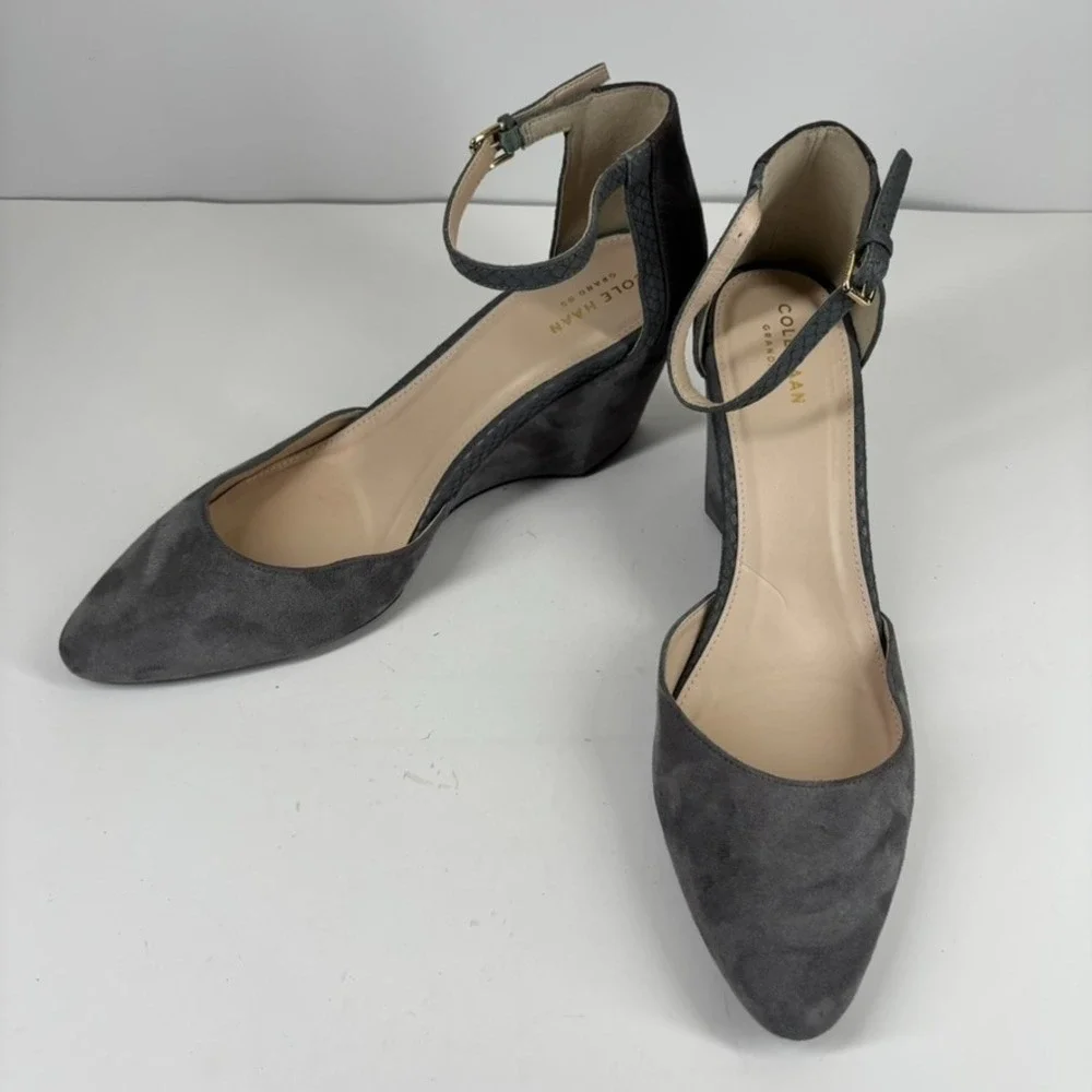 Cole Haan Lara Women's US 11 Grey Suede‎ Comfort Casual Ankle Strap Wedge Pumps